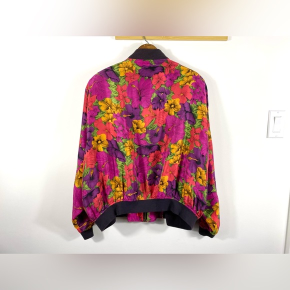 1980’s Vintage Silk Bomber Jacket Floral Vibrant Colourful Novelty Shoulder Pads - Picture 3 of 12